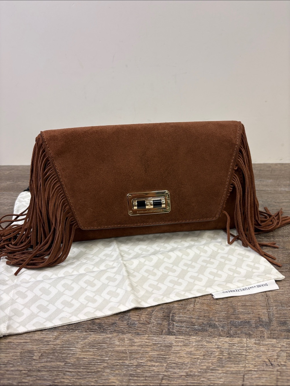 Diane von Furstenberg Voyage Boho Fringe Suede Clutch Brown